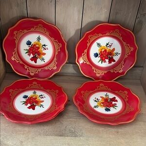 Pioneer Woman “Winter Bouquet “ Floral Red and Gold Dessert Plates Set of 4 NWT